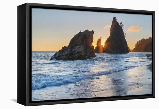 Sun setting behind Split Rock on Rialto Beach Olympic National Park, Washington State-Alan Majchrowicz-Framed Premier Image Canvas