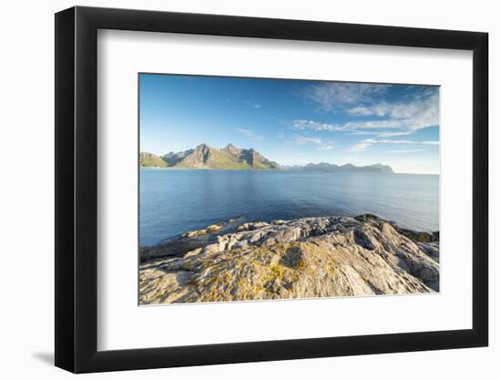 Sun shines on the blue sea and the rocky peaks at night during summer, Vikten, Nord Trondelag, Lofo-Roberto Moiola-Framed Photographic Print