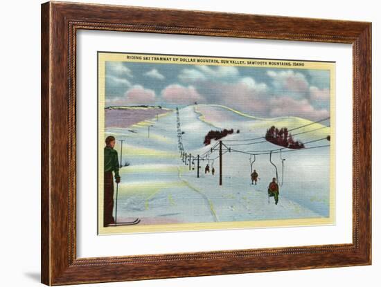 Sun Valley, ID - Sawtooth Mnts. Riding Ski Tramway up Dollar Mnt.-Lantern Press-Framed Art Print