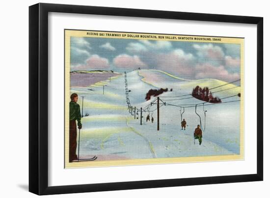 Sun Valley, ID - Sawtooth Mnts. Riding Ski Tramway up Dollar Mnt.-Lantern Press-Framed Art Print