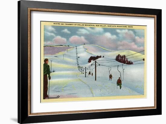 Sun Valley, ID - Sawtooth Mnts. Riding Ski Tramway up Dollar Mnt.-Lantern Press-Framed Art Print