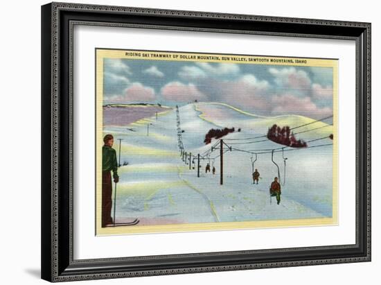 Sun Valley, ID - Sawtooth Mnts. Riding Ski Tramway up Dollar Mnt.-Lantern Press-Framed Art Print