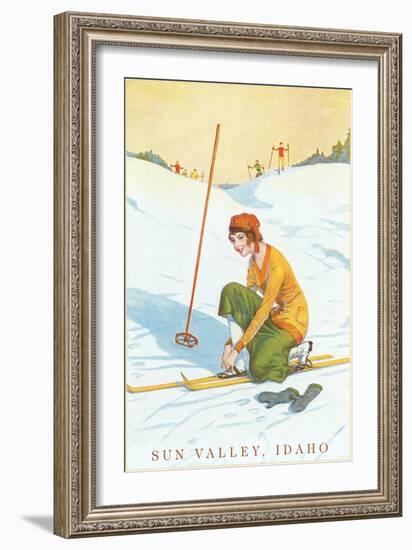 Sun Valley, Idaho, Lady Skier Fixing Bindings-null-Framed Art Print