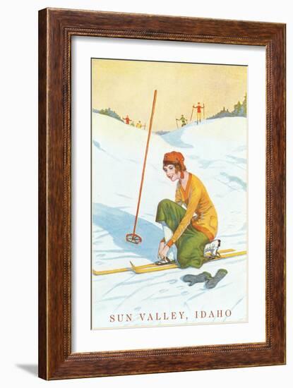 Sun Valley, Idaho, Lady Skier Fixing Bindings-null-Framed Art Print