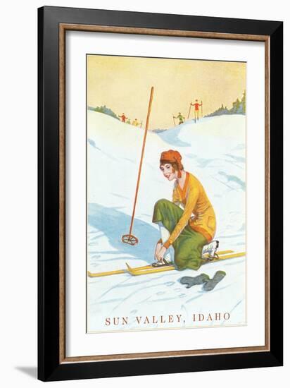 Sun Valley, Idaho, Lady Skier Fixing Bindings-null-Framed Art Print