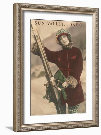 Sun Valley, Idaho, Lady Skier with Leopard Cuffs-null-Framed Art Print