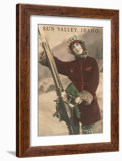 Sun Valley, Idaho, Lady Skier with Leopard Cuffs-null-Framed Art Print
