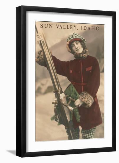 Sun Valley, Idaho, Lady Skier with Leopard Cuffs-null-Framed Art Print