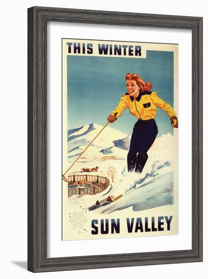 Sun Valley, Idaho - Red-headed Woman Smiling and Skiing Poster-Lantern Press-Framed Art Print