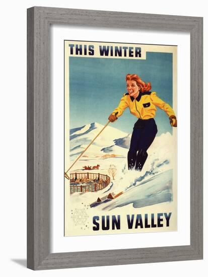 Sun Valley, Idaho - Red-headed Woman Smiling and Skiing Poster-Lantern Press-Framed Art Print