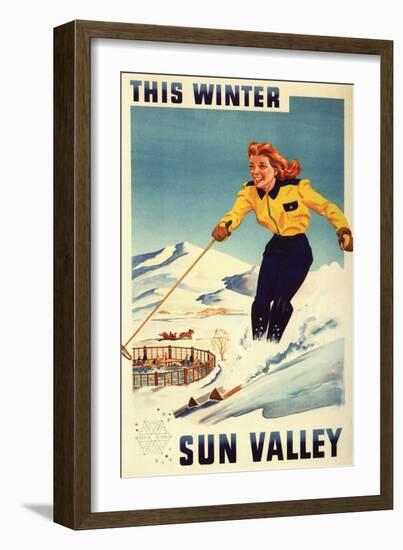 Sun Valley, Idaho - Red-headed Woman Smiling and Skiing Poster-Lantern Press-Framed Art Print