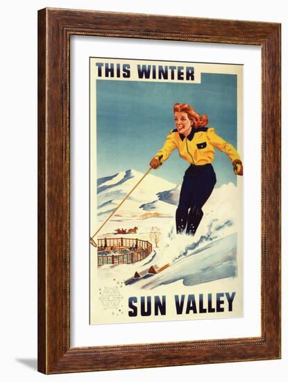 Sun Valley, Idaho - Red-headed Woman Smiling and Skiing Poster-Lantern Press-Framed Art Print