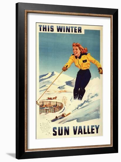Sun Valley, Idaho - Red-headed Woman Smiling and Skiing Poster-Lantern Press-Framed Art Print