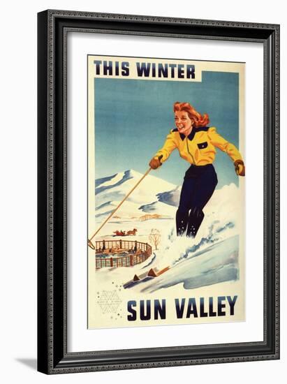 Sun Valley, Idaho - Red-headed Woman Smiling and Skiing Poster-Lantern Press-Framed Art Print