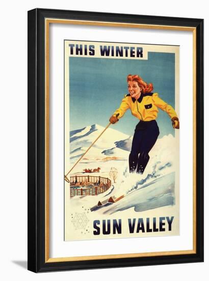 Sun Valley, Idaho - Red-headed Woman Smiling and Skiing Poster-Lantern Press-Framed Art Print