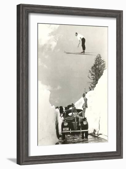 Sun Valley, Idaho, Ski Jumper Over Car-null-Framed Art Print