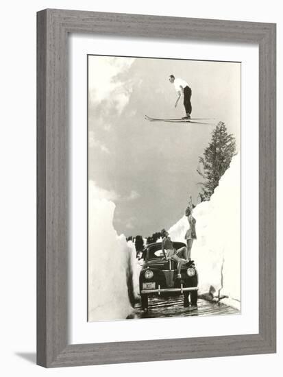 Sun Valley, Idaho, Ski Jumper Over Car-null-Framed Art Print