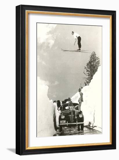 Sun Valley, Idaho, Ski Jumper Over Car-null-Framed Art Print