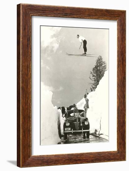 Sun Valley, Idaho, Ski Jumper Over Car-null-Framed Premium Giclee Print