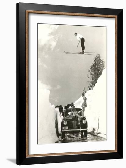 Sun Valley, Idaho, Ski Jumper Over Car-null-Framed Premium Giclee Print