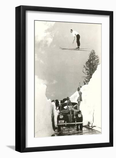 Sun Valley, Idaho, Ski Jumper Over Car-null-Framed Premium Giclee Print