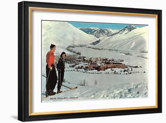 Sun Valley, Idaho, Skiers Looking Over Town--Framed Art Print