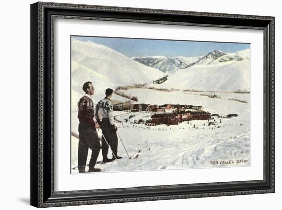 Sun Valley, Idaho, Skiers Looking over Town-null-Framed Art Print