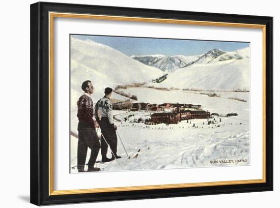 Sun Valley, Idaho, Skiers Looking over Town-null-Framed Art Print