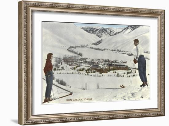 Sun Valley, Idaho, Skiers Looking Over Town-null-Framed Art Print