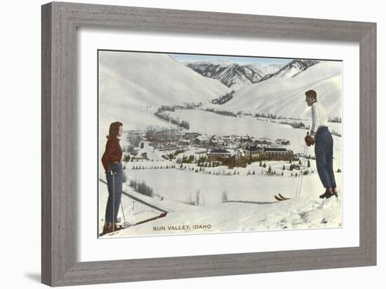 Sun Valley, Idaho, Skiers Looking Over Town-null-Framed Art Print