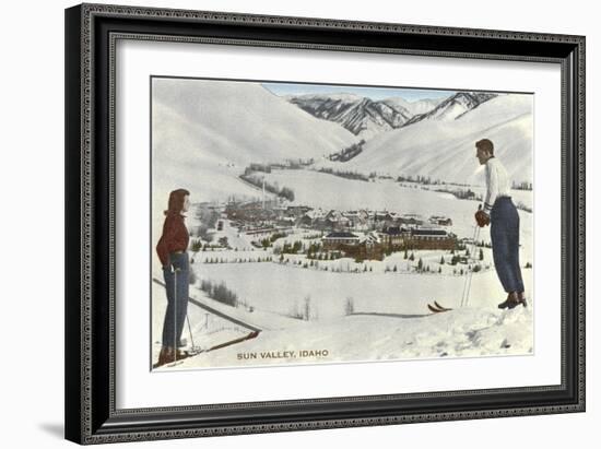 Sun Valley, Idaho, Skiers Looking Over Town-null-Framed Art Print