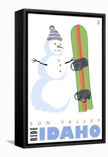 Sun Valley, Idaho, Snowman with Snowboard-Lantern Press-Framed Stretched Canvas