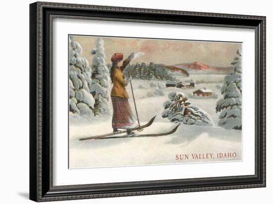 Sun Valley, Idaho, Woman Skier Looking Over Town-null-Framed Art Print