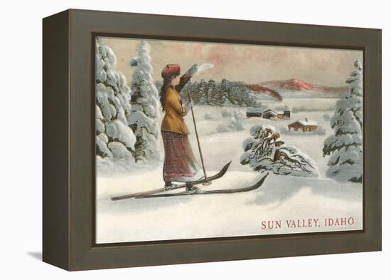 Sun Valley, Idaho, Woman Skier Looking Over Town-null-Framed Stretched Canvas