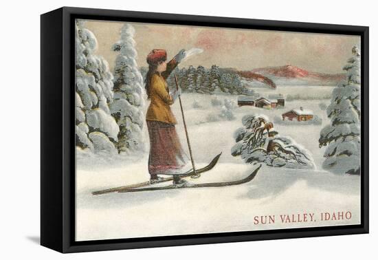 Sun Valley, Idaho, Woman Skier Looking Over Town-null-Framed Stretched Canvas
