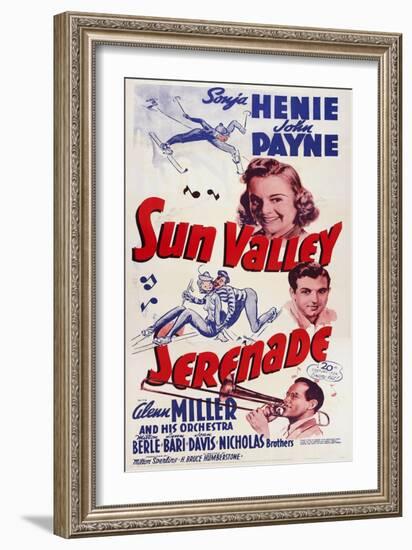 Sun Valley Serenade, from Top: Sonja Henie, John Payne, Glenn Miller, 1941-null-Framed Art Print