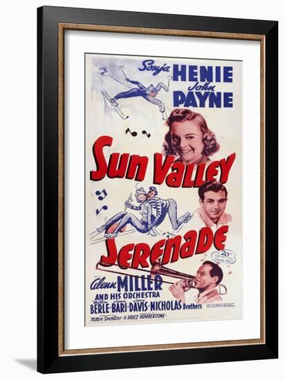 Sun Valley Serenade, from Top: Sonja Henie, John Payne, Glenn Miller, 1941-null-Framed Art Print
