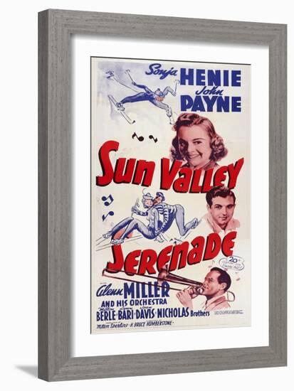 Sun Valley Serenade, from Top: Sonja Henie, John Payne, Glenn Miller, 1941-null-Framed Premium Giclee Print