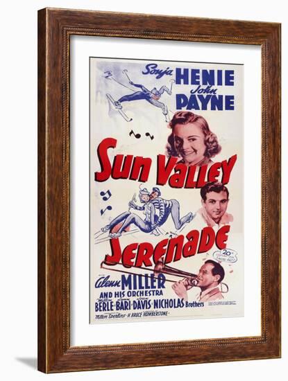 Sun Valley Serenade, from Top: Sonja Henie, John Payne, Glenn Miller, 1941-null-Framed Premium Giclee Print