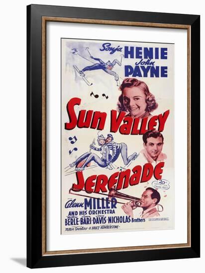 Sun Valley Serenade, from Top: Sonja Henie, John Payne, Glenn Miller, 1941-null-Framed Premium Giclee Print