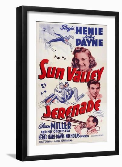 Sun Valley Serenade, from Top: Sonja Henie, John Payne, Glenn Miller, 1941-null-Framed Premium Giclee Print