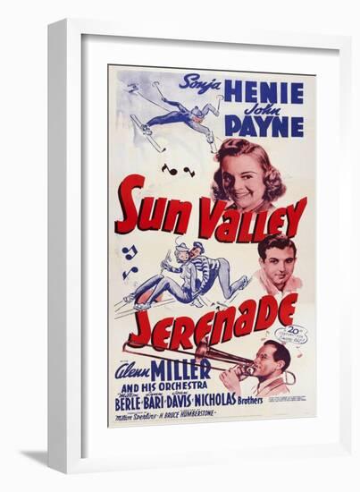 Sun Valley Serenade, from Top: Sonja Henie, John Payne, Glenn Miller, 1941-null-Framed Premium Giclee Print