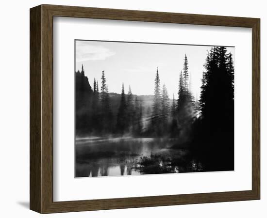 Sunbeam and Trees Reflecting in Lake, Mount Rainier National Park, Washington, USA-Adam Jones-Framed Photographic Print