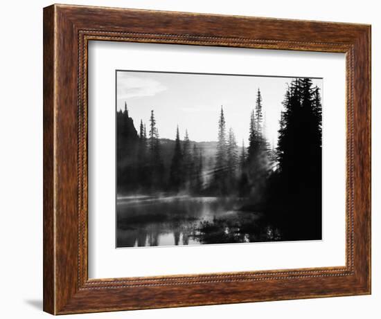 Sunbeam and Trees Reflecting in Lake, Mount Rainier National Park, Washington, USA-Adam Jones-Framed Photographic Print