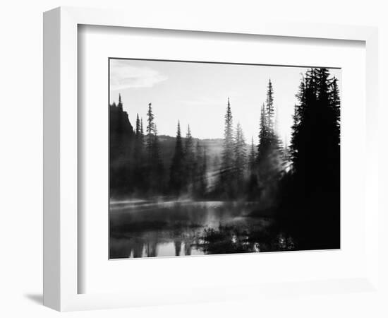 Sunbeam and Trees Reflecting in Lake, Mount Rainier National Park, Washington, USA-Adam Jones-Framed Photographic Print