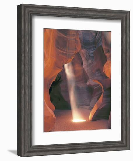 Sunbeam Illuminates Sandy Floor and Sandstone Walls of a Slot Canyon, Antelope Canyon, Page-Dennis Flaherty-Framed Photographic Print