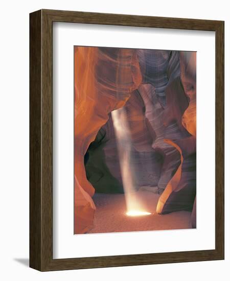 Sunbeam Illuminates Sandy Floor and Sandstone Walls of a Slot Canyon, Antelope Canyon, Page-Dennis Flaherty-Framed Photographic Print