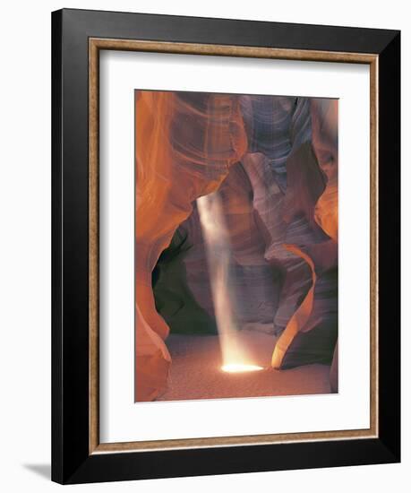 Sunbeam Illuminates Sandy Floor and Sandstone Walls of a Slot Canyon, Antelope Canyon, Page-Dennis Flaherty-Framed Photographic Print