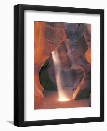 Sunbeam Illuminates Sandy Floor and Sandstone Walls of a Slot Canyon, Antelope Canyon, Page-Dennis Flaherty-Framed Photographic Print