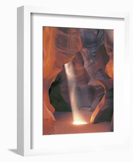 Sunbeam Illuminates Sandy Floor and Sandstone Walls of a Slot Canyon, Antelope Canyon, Page-Dennis Flaherty-Framed Photographic Print